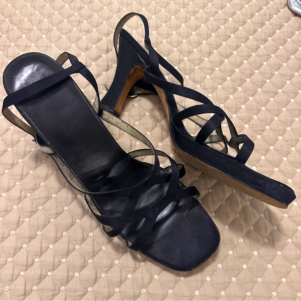 Black satin Strap platform high heel sandals. Size 13 M